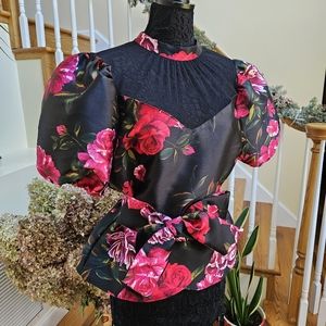 Flower Peplum Blouse with Lace & Bow Detail